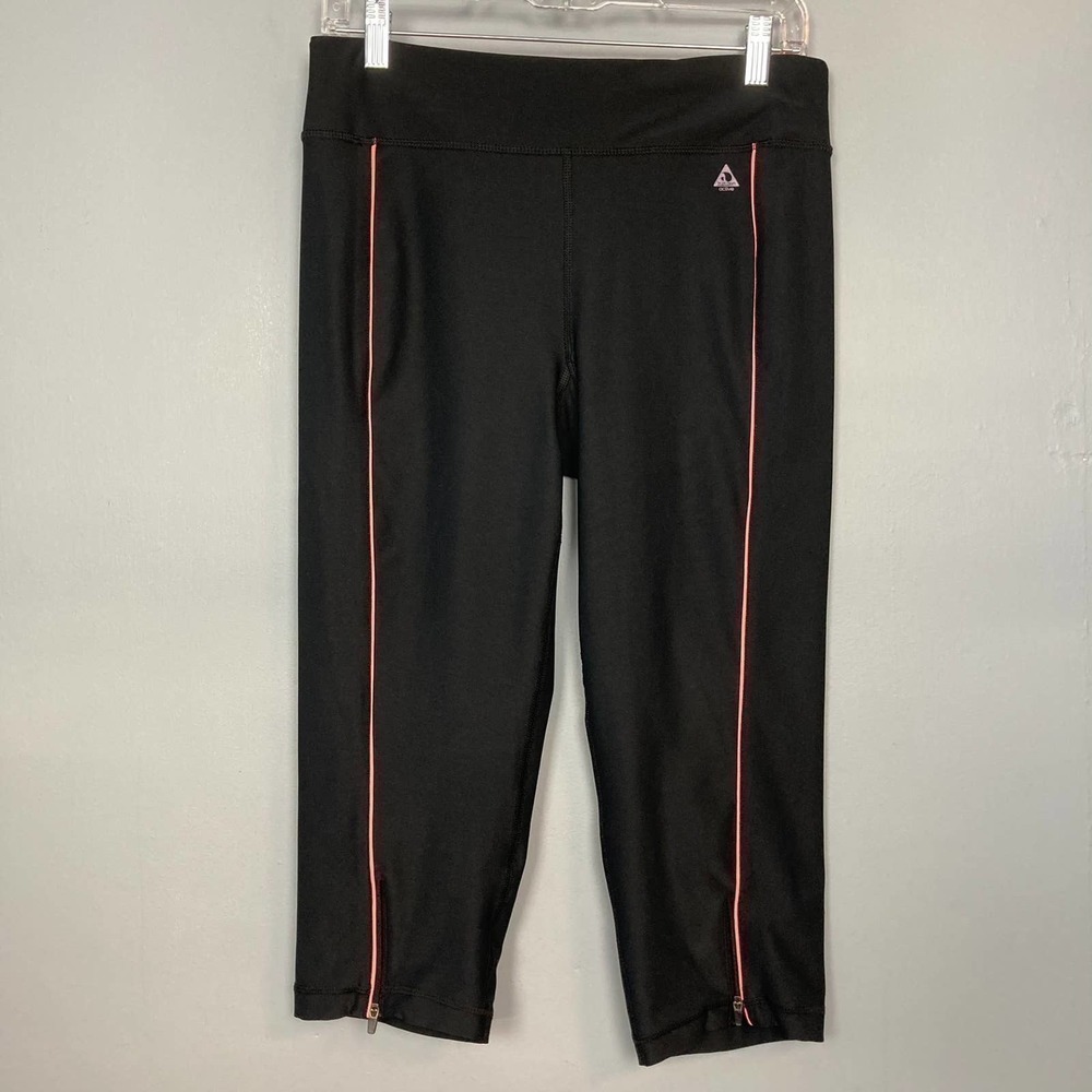 ZUZUZEN Active Cropped Black Legging Coral Pink Trim Yoga Running Zippers Size M